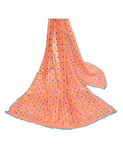 Sanskriti Vintage Dupatta Long Stole Georgette Peach Hand Beaded Phulkari Ooak DC-51782-Peach-Thread Work-Georgette-2