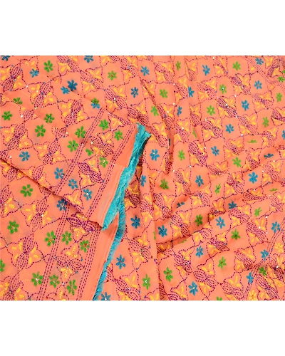Sanskriti Vintage Dupatta Long Stole Georgette Peach Hand Beaded Phulkari Ooak DC-51782-Peach-Thread Work-Georgette-3
