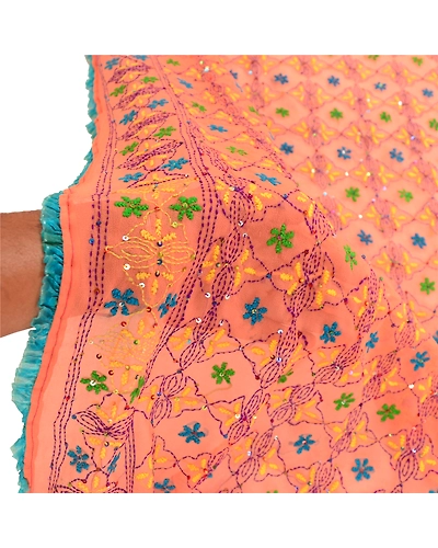 Sanskriti Vintage Dupatta Long Stole Georgette Peach Hand Beaded Phulkari Ooak DC-51782-Peach-Thread Work-Georgette-5