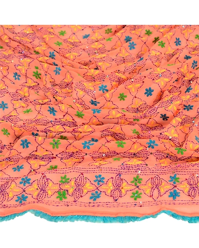Sanskriti Vintage Dupatta Long Stole Georgette Peach Hand Beaded Phulkari Ooak DC-51782-Peach-Thread Work-Georgette-6