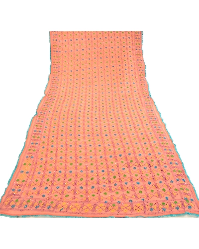 Sanskriti Vintage Dupatta Long Stole Georgette Peach Hand Beaded Phulkari Ooak DC-51782-Peach-Thread Work-Georgette-7