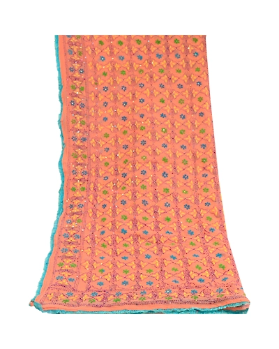 Sanskriti Vintage Dupatta Long Stole Georgette Peach Hand Beaded Phulkari Ooak DC-51782-Peach-Thread Work-Georgette-8