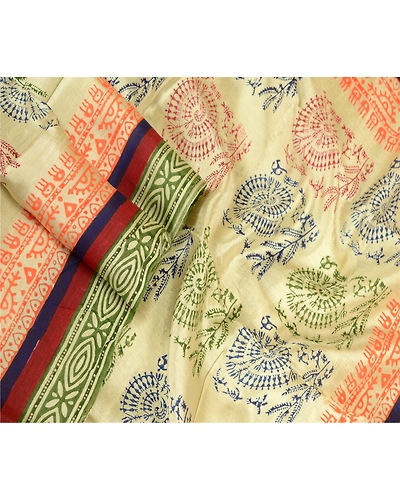 Sanskriti Vintage Dupatta Long Stole Blend Silk Ivory Warli Printed Wrap Scarves DC-51817-Ivory-Printed Work-Blend Silk-3
