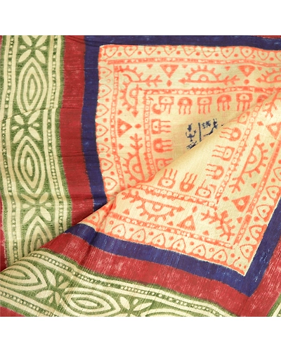 Sanskriti Vintage Dupatta Long Stole Blend Silk Ivory Warli Printed Wrap Scarves DC-51817-Ivory-Printed Work-Blend Silk-4