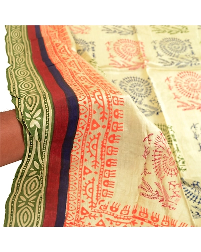Sanskriti Vintage Dupatta Long Stole Blend Silk Ivory Warli Printed Wrap Scarves DC-51817-Ivory-Printed Work-Blend Silk-5