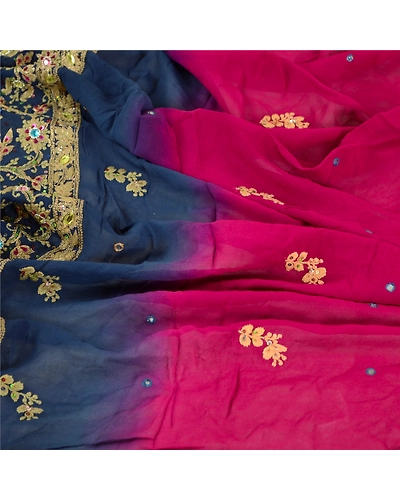 Sanskriti Vintage Dupatta Long Stole Georgette Purple Hand Beaded Chikankari DC-51826-Purple &amp; Blue-Thread Work-Georgette-6