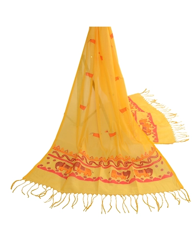 Sanskriti Vintage Dupatta Long Stole Cotton Yellow Hand-Painted Embroidered DC-51854-Yellow-Hand-Painted Work-Cotton-2
