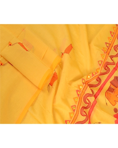 Sanskriti Vintage Dupatta Long Stole Cotton Yellow Hand-Painted Embroidered DC-51854-Yellow-Hand-Painted Work-Cotton-3