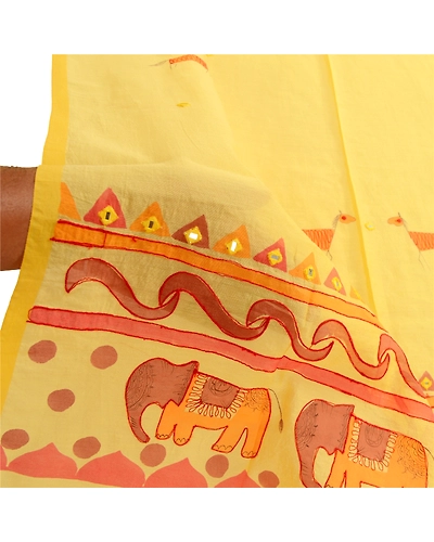 Sanskriti Vintage Dupatta Long Stole Cotton Yellow Hand-Painted Embroidered DC-51854-Yellow-Hand-Painted Work-Cotton-5