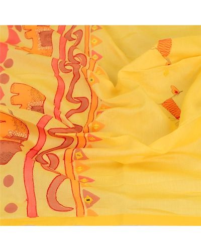 Sanskriti Vintage Dupatta Long Stole Cotton Yellow Hand-Painted Embroidered DC-51854-Yellow-Hand-Painted Work-Cotton-6