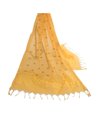 Sanskriti Vintage Dupatta Long Stole Net Mesh Yellow Embroidered Woven Scarves DC-51856-Yellow-Thread Work-Net Mesh-2