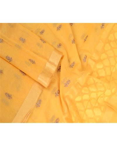 Sanskriti Vintage Dupatta Long Stole Net Mesh Yellow Embroidered Woven Scarves DC-51856-Yellow-Thread Work-Net Mesh-3
