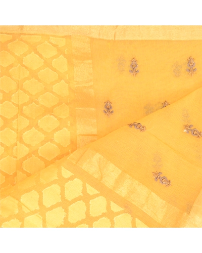 Sanskriti Vintage Dupatta Long Stole Net Mesh Yellow Embroidered Woven Scarves DC-51856-Yellow-Thread Work-Net Mesh-4