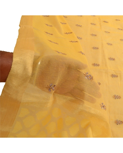 Sanskriti Vintage Dupatta Long Stole Net Mesh Yellow Embroidered Woven Scarves DC-51856-Yellow-Thread Work-Net Mesh-5