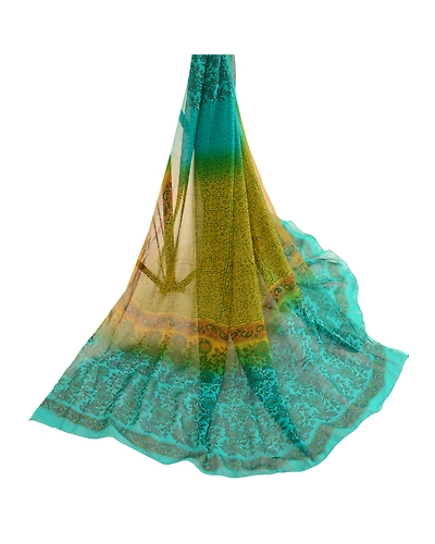 Sanskriti Vintage Dupatta Long Stole Pure Georgette Silk Green Wrap Scarves DC-51867-Shade Of Green &amp; Mustard-Printed Work-Pure Georgette Silk-2