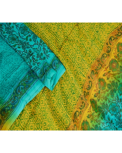 Sanskriti Vintage Dupatta Long Stole Pure Georgette Silk Green Wrap Scarves DC-51867-Shade Of Green &amp; Mustard-Printed Work-Pure Georgette Silk-3