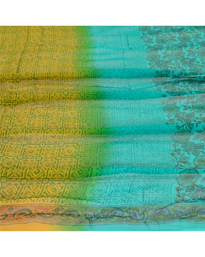 Sanskriti Vintage Dupatta Long Stole Pure Georgette Silk Green Wrap Scarves DC-51867-Shade Of Green &amp; Mustard-Printed Work-Pure Georgette Silk-6