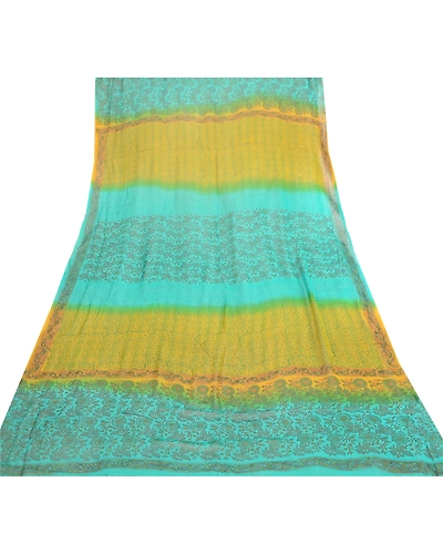 Sanskriti Vintage Dupatta Long Stole Pure Georgette Silk Green Wrap Scarves DC-51867-Shade Of Green &amp; Mustard-Printed Work-Pure Georgette Silk-7