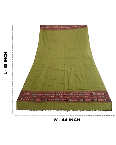 Sanskriti Vintage Long Stole Pure Cotton Green Hand-Woven Sambalpuri Ikat Veil DC-51870-Green &amp; Brown-Woven Work-Pure Cotton-1