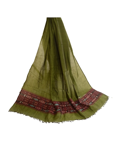 Sanskriti Vintage Long Stole Pure Cotton Green Hand-Woven Sambalpuri Ikat Veil DC-51870-Green &amp; Brown-Woven Work-Pure Cotton-2