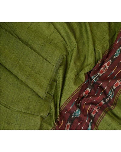 Sanskriti Vintage Long Stole Pure Cotton Green Hand-Woven Sambalpuri Ikat Veil DC-51870-Green &amp; Brown-Woven Work-Pure Cotton-3
