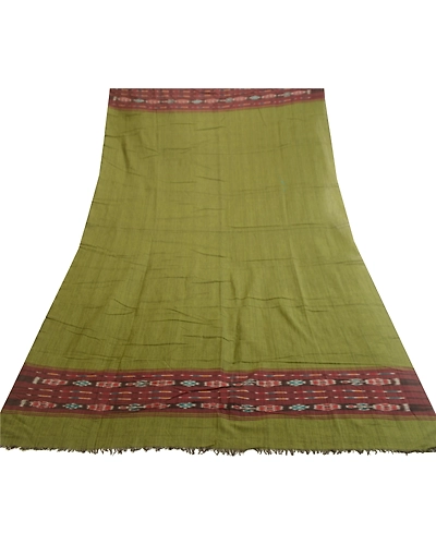 Sanskriti Vintage Long Stole Pure Cotton Green Hand-Woven Sambalpuri Ikat Veil DC-51870-Green &amp; Brown-Woven Work-Pure Cotton-7