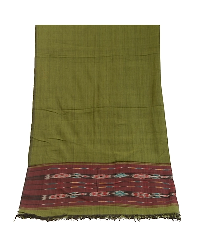 Sanskriti Vintage Long Stole Pure Cotton Green Hand-Woven Sambalpuri Ikat Veil DC-51870-Green &amp; Brown-Woven Work-Pure Cotton-8