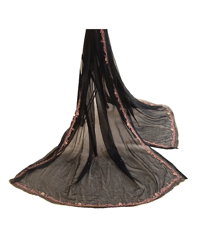 Sanskriti Vintage Dupatta Long Stole Pure Chiffon Silk Black Hand Beaded Scarves DC-51911-Black-Zari Work-Pure Chiffon Silk-2