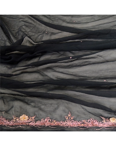 Sanskriti Vintage Dupatta Long Stole Pure Chiffon Silk Black Hand Beaded Scarves DC-51911-Black-Zari Work-Pure Chiffon Silk-6