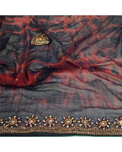 Sanskriti Vintage Dupatta Long Stole Pure Chiffon Silk Blue Hand Beaded Tie-Dye DC-51913-Blue &amp; Brown-Beaded Work-Pure Chiffon Silk-6