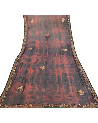 Sanskriti Vintage Dupatta Long Stole Pure Chiffon Silk Blue Hand Beaded Tie-Dye DC-51913-Blue &amp; Brown-Beaded Work-Pure Chiffon Silk-7