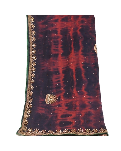 Sanskriti Vintage Dupatta Long Stole Pure Chiffon Silk Blue Hand Beaded Tie-Dye DC-51913-Blue &amp; Brown-Beaded Work-Pure Chiffon Silk-8