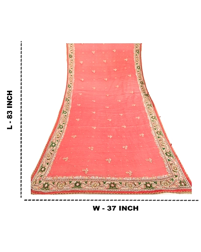 Sanskriti Vintage Dupatta Long Stole Pure Chiffon Silk Red Hand Beaded Scarves DC-51936-Red-Beaded Work-Pure Chiffon Silk-1