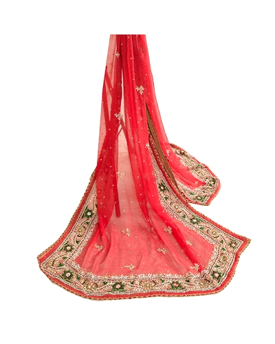 Sanskriti Vintage Dupatta Long Stole Pure Chiffon Silk Red Hand Beaded Scarves DC-51936-Red-Beaded Work-Pure Chiffon Silk-2