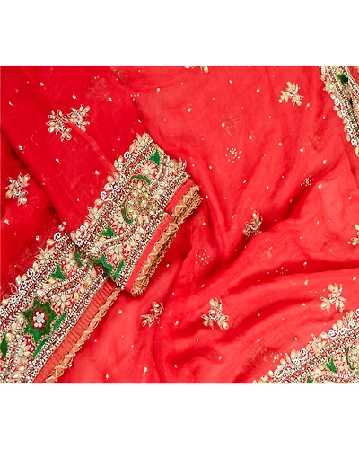 Sanskriti Vintage Dupatta Long Stole Pure Chiffon Silk Red Hand Beaded Scarves DC-51936-Red-Beaded Work-Pure Chiffon Silk-3