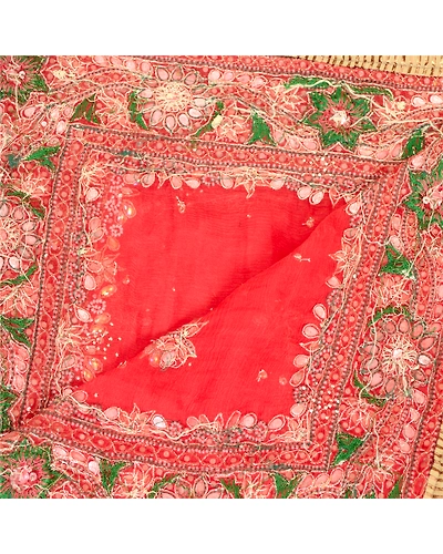 Sanskriti Vintage Dupatta Long Stole Pure Chiffon Silk Red Hand Beaded Scarves DC-51936-Red-Beaded Work-Pure Chiffon Silk-4