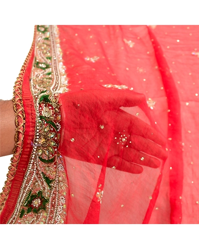 Sanskriti Vintage Dupatta Long Stole Pure Chiffon Silk Red Hand Beaded Scarves DC-51936-Red-Beaded Work-Pure Chiffon Silk-5