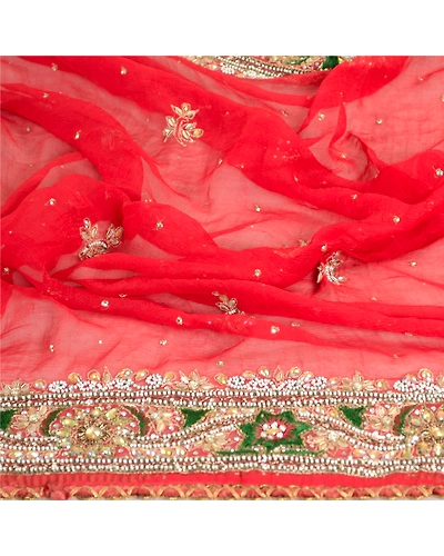 Sanskriti Vintage Dupatta Long Stole Pure Chiffon Silk Red Hand Beaded Scarves DC-51936-Red-Beaded Work-Pure Chiffon Silk-6