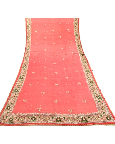 Sanskriti Vintage Dupatta Long Stole Pure Chiffon Silk Red Hand Beaded Scarves DC-51936-Red-Beaded Work-Pure Chiffon Silk-7