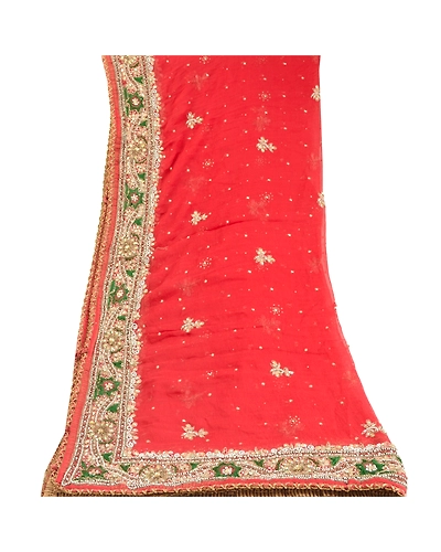 Sanskriti Vintage Dupatta Long Stole Pure Chiffon Silk Red Hand Beaded Scarves DC-51936-Red-Beaded Work-Pure Chiffon Silk-8