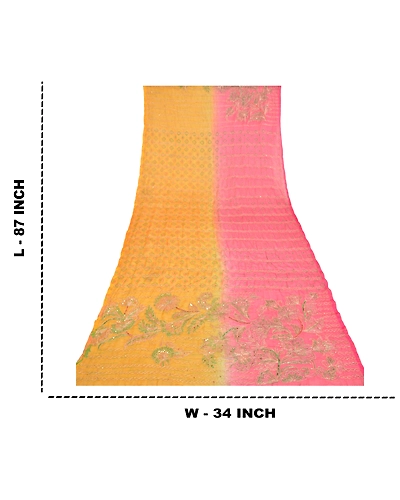 Sanskriti Vintage Dupatta Long Stole Art Silk Yellow Hijab Hand Beaded Scarves DC-51958-Yellow &amp; Pink-Sequins Work-Art (Artificial) Silk-1