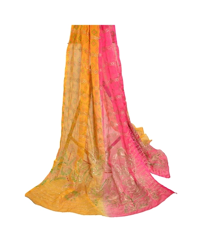 Sanskriti Vintage Dupatta Long Stole Art Silk Yellow Hijab Hand Beaded Scarves DC-51958-Yellow &amp; Pink-Sequins Work-Art (Artificial) Silk-2
