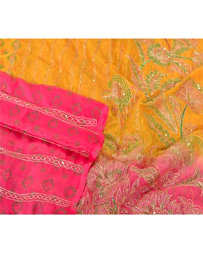 Sanskriti Vintage Dupatta Long Stole Art Silk Yellow Hijab Hand Beaded Scarves DC-51958-Yellow &amp; Pink-Sequins Work-Art (Artificial) Silk-3