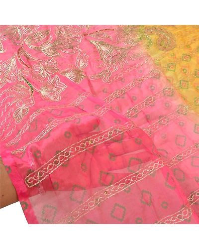 Sanskriti Vintage Dupatta Long Stole Art Silk Yellow Hijab Hand Beaded Scarves DC-51958-Yellow &amp; Pink-Sequins Work-Art (Artificial) Silk-5