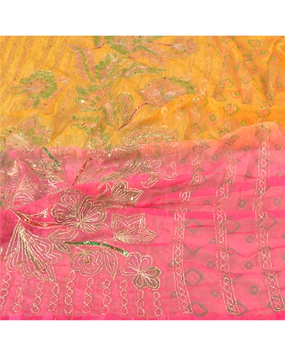 Sanskriti Vintage Dupatta Long Stole Art Silk Yellow Hijab Hand Beaded Scarves DC-51958-Yellow &amp; Pink-Sequins Work-Art (Artificial) Silk-6