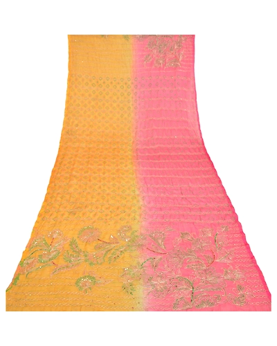 Sanskriti Vintage Dupatta Long Stole Art Silk Yellow Hijab Hand Beaded Scarves DC-51958-Yellow &amp; Pink-Sequins Work-Art (Artificial) Silk-7