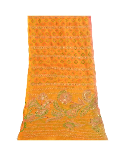 Sanskriti Vintage Dupatta Long Stole Art Silk Yellow Hijab Hand Beaded Scarves DC-51958-Yellow &amp; Pink-Sequins Work-Art (Artificial) Silk-8