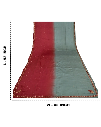 Sanskriti Vintage Dupatta Long Stole Pure Satin Silk Grey Hand Beaded Scarves DC-51961-Grey &amp; Dark Red-Zardozi Work-Pure Satin Silk-1