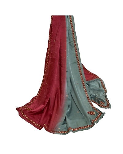 Sanskriti Vintage Dupatta Long Stole Pure Satin Silk Grey Hand Beaded Scarves DC-51961-Grey &amp; Dark Red-Zardozi Work-Pure Satin Silk-2
