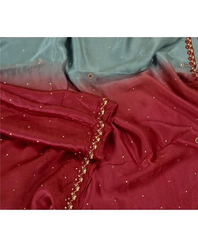Sanskriti Vintage Dupatta Long Stole Pure Satin Silk Grey Hand Beaded Scarves DC-51961-Grey &amp; Dark Red-Zardozi Work-Pure Satin Silk-3